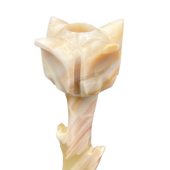 Vintage Handcrafted Onyx Tulip Candle Holder Leaf Base Rare Butter Yellow Decor - Picture 8 of 12